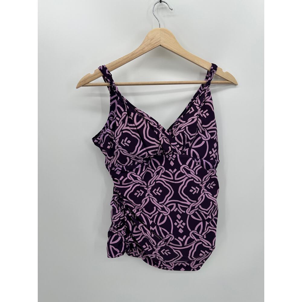 Lands' End Women Purple Paisley V-Neck Tankini Swim Top Ruched Size 12 DT22